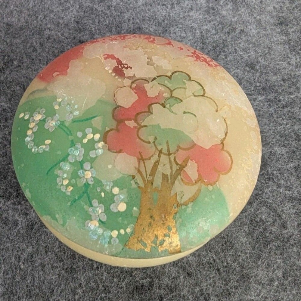 Rare Vtg 60s Genuine Alabaster Trinket Box Hand Carved Painted Made in Italy